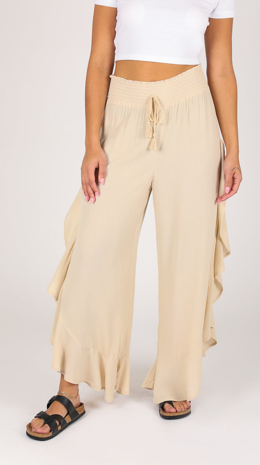 【未使用】bow.a SUNGARD FRILL TAPERED PANTS SMOCKEDCROPPANTWRUFFLE_M4827AC